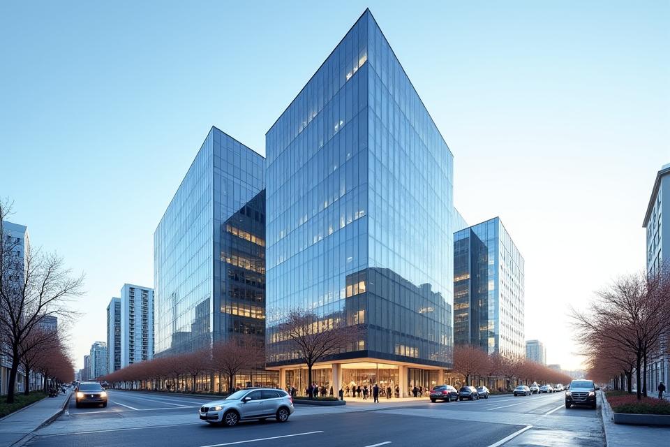 Imponerende kommersielt bygningskompleks med unik arkitektur, reflekterende glassfasader og en dynamisk skyline.