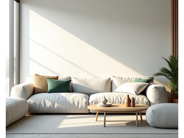 Moderne stue med minimalistisk design, store vinduer og lyse tekstiler fremhevet av naturlig lys.