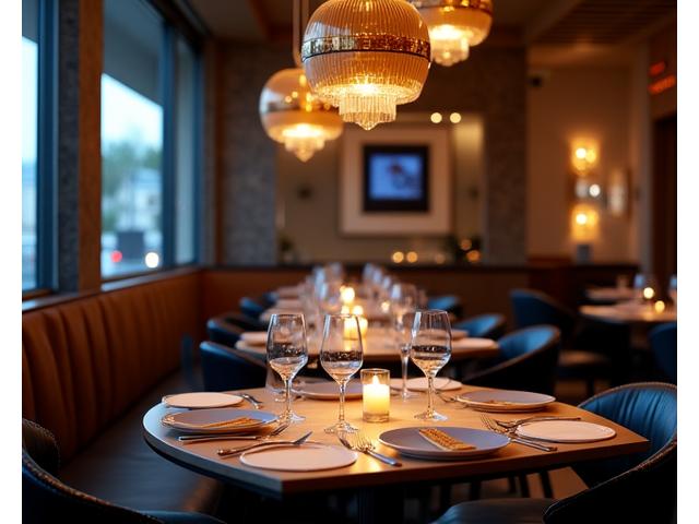Elegant restaurantinteriør med dempet belysning, stilige borddekking og en varm atmosfære.