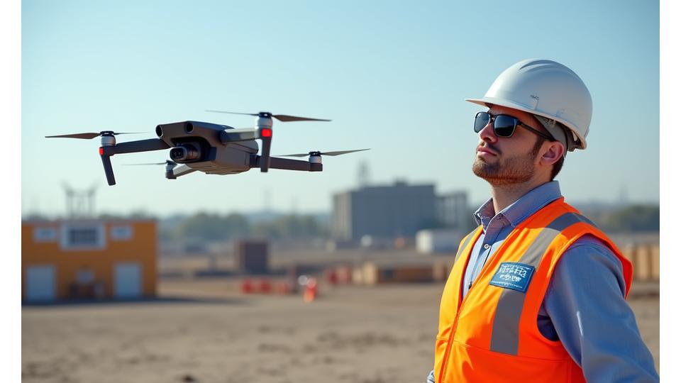 Sertifisert dronepilot forbereder en avansert drone for flyging ved en byggeplass