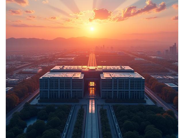 Oversiktsbilde av et moderne industrianlegg tatt fra en drone ved solnedgang