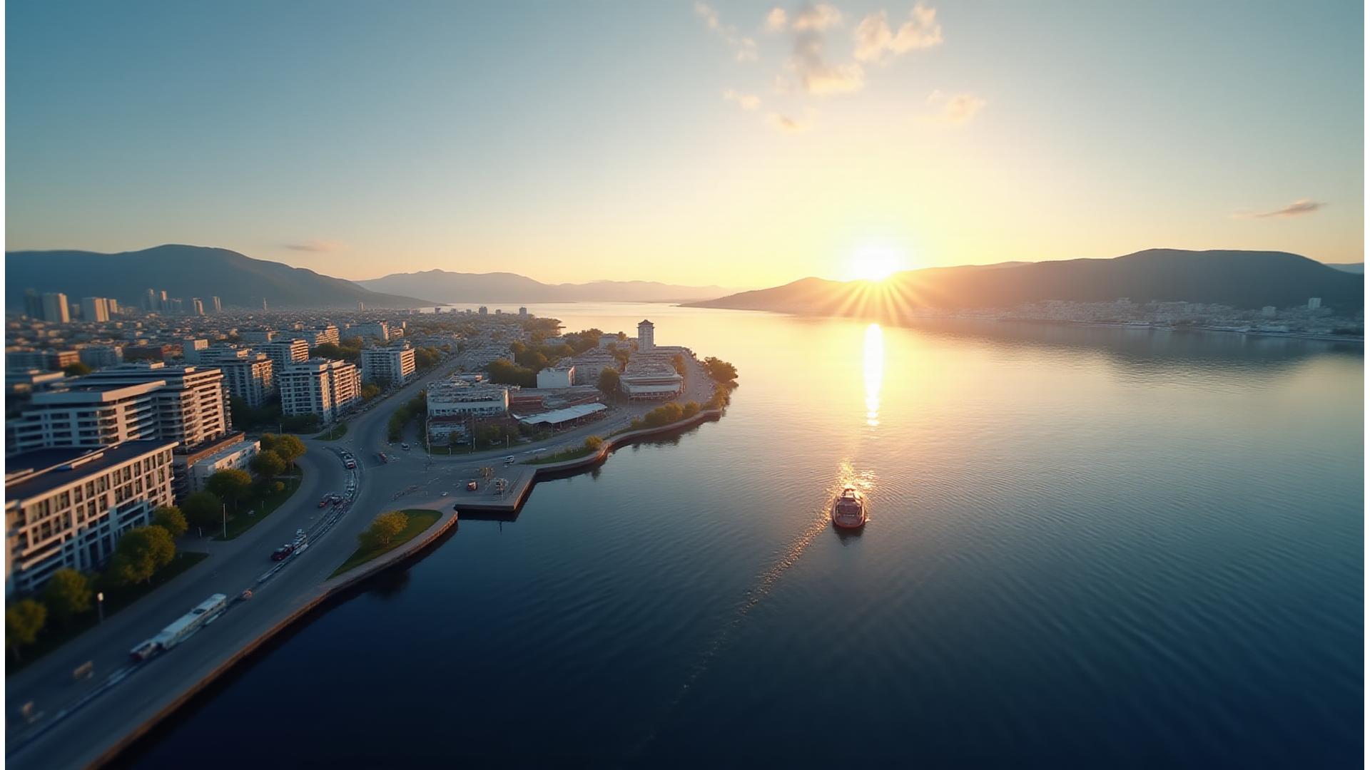 Spektakulær droneutsikt over Oslo fjorden med moderne arkitektur og en 360 virtuell tur overlay