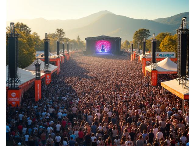 Dronefokus på en utendørs festivalscene med et stort publikum