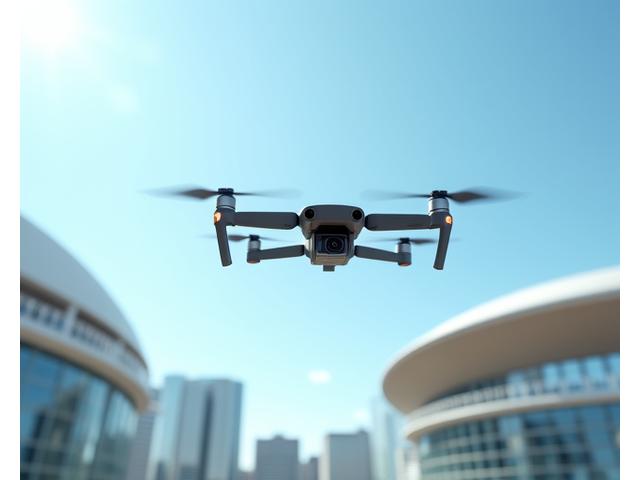 Drone som flyr over et moderne bylandskap og fanger inn filmopptak