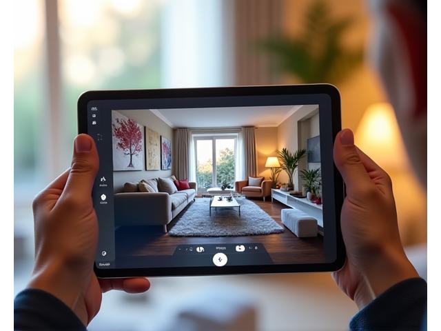 En person navigerer i en virtuell 360-tur av en luksuriøs eiendom på et nettbrett