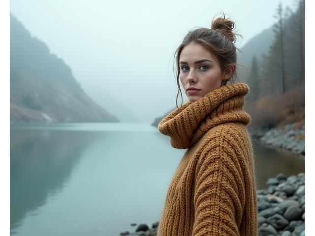 Modell i nordisk-inspirert strikkeklær poserer ved en rolig innsjø i skumringen.