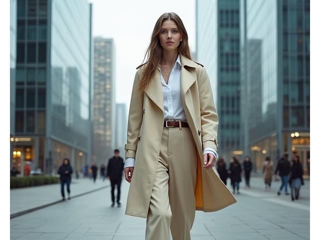 Modell i elegant byantrekk poserer i en urban gate, med moderne arkitektur i bakgrunnen.