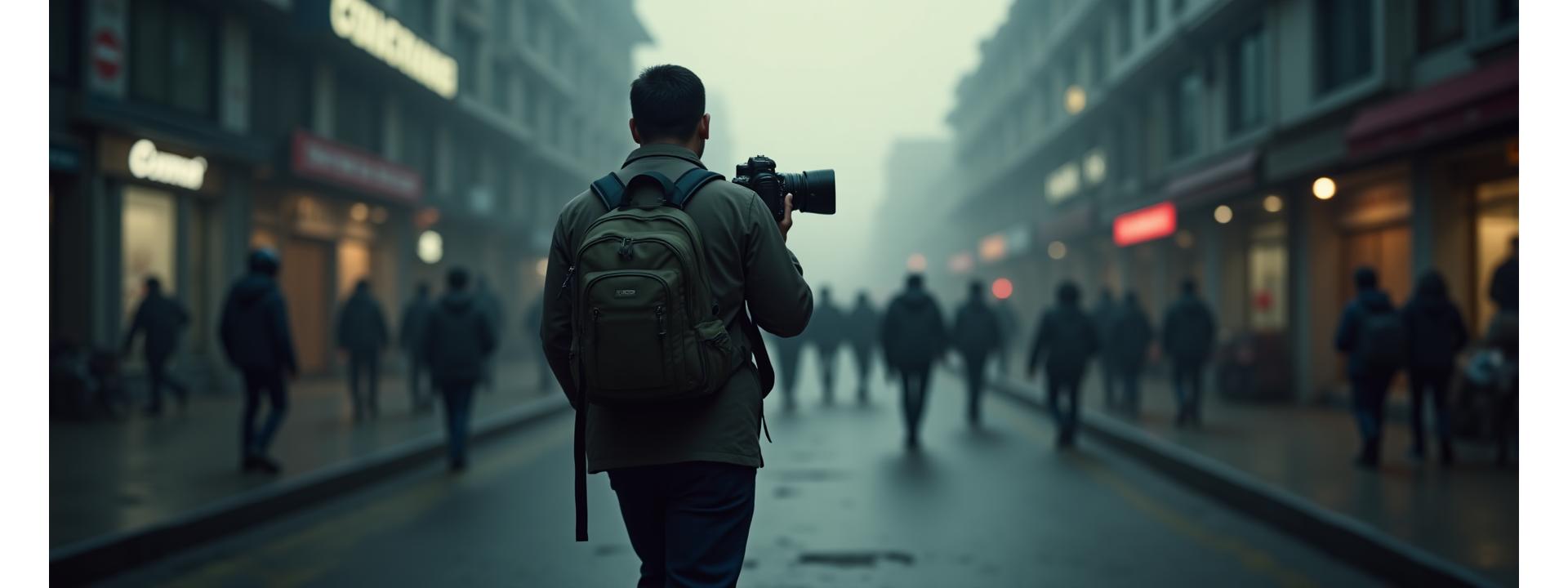 Gripping image of a photojournalist capturing a raw, authentic moment with a camera, conveying the power of storytelling through powerful, unsentimental imagery.