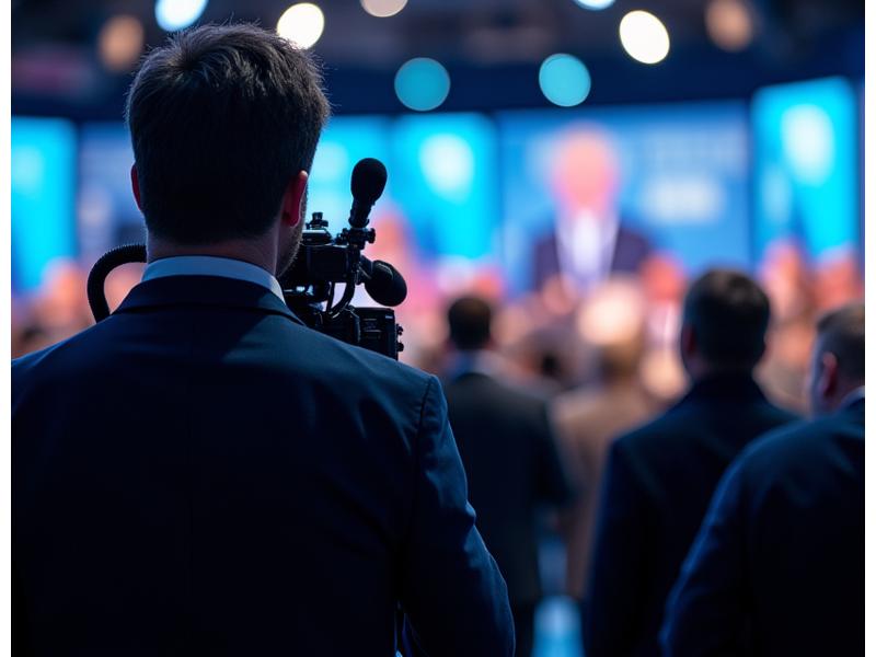 Photo of a busy press conference or a news event with a photographer in the foreground.
