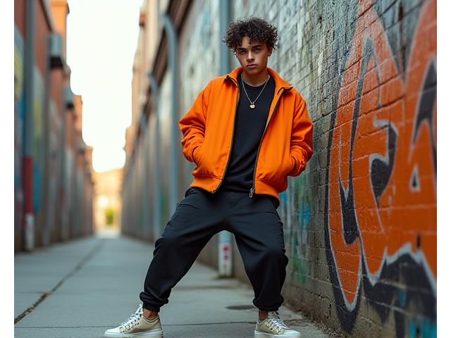 Modell poserer dynamisk med streetwear i urbant miljø