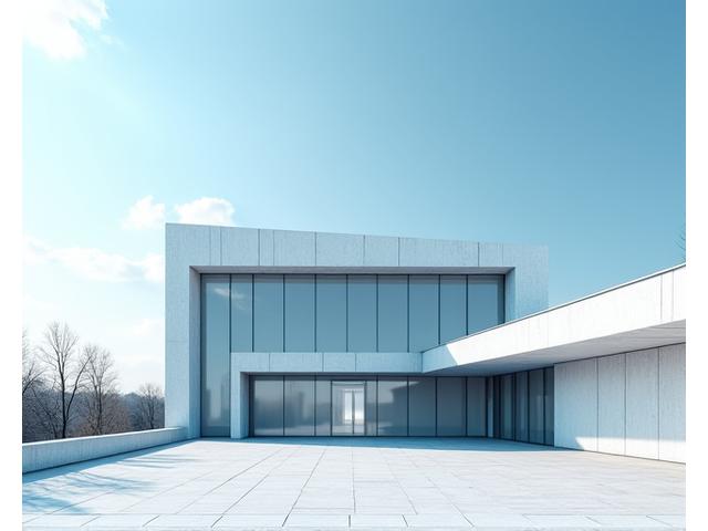 Moderne, minimalistisk bygning eksteriør med skarpe linjer og glassfasader.