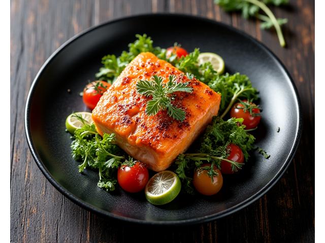 Vakkert presentert gourmetmåltid på en mørk tallerken, med fokus på detaljer.