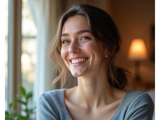Et varmt og innbydende portrett av en smilende kvinne med naturlig lys.