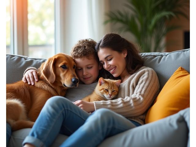 En familie med en hund og katt som koser seg i sofaen, viser båndet.