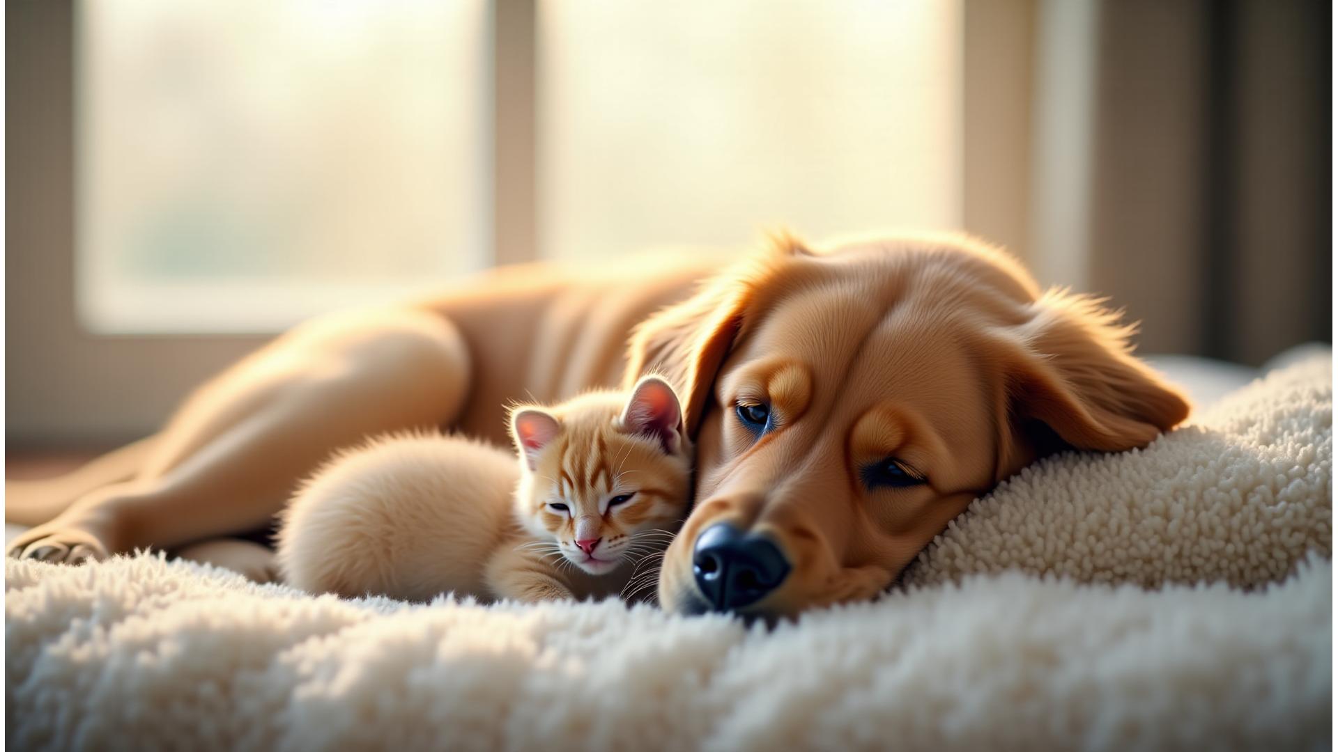 Et hjertevarmt portrett av en golden retriever og en kattunge som sover sammen, med mykt, naturlig lys.