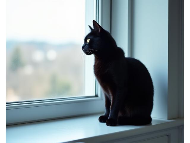 Elegant svart katt som nysgjerrig kikker ut av et vindu, et vakkert portrett.