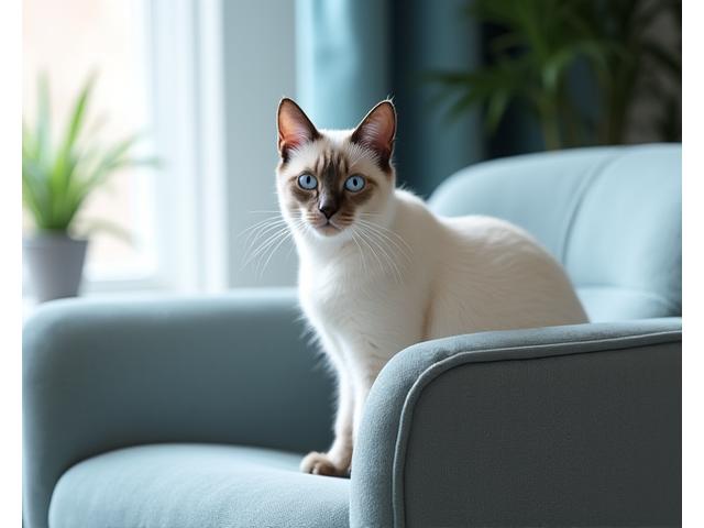 En rolig siameserkatt ligger elegant på en vinduskarm, med en fredelig uttrykk.