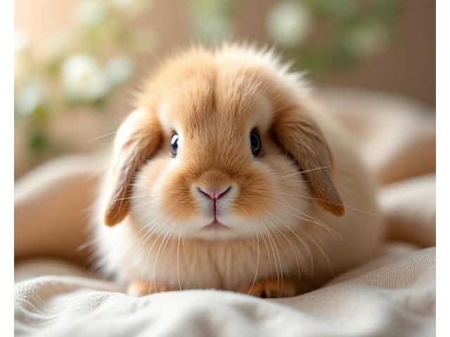 Et nærbilde av en søt, fluffy kanin som sitter rolig, med fokus på detaljer.
