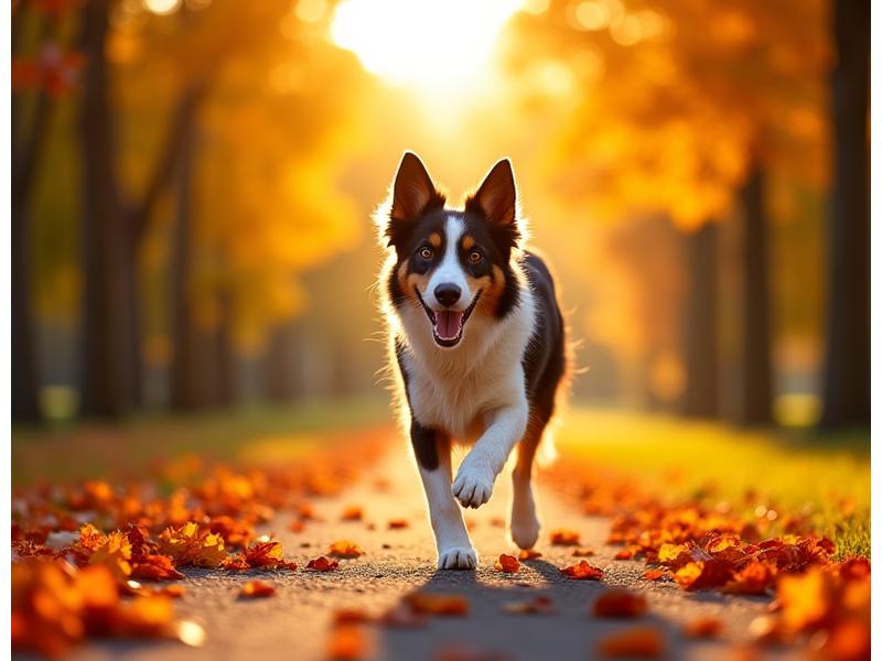 En glad hund som leker i bladene i en solfylt park i Oslo, med naturen som bakgrunn.
