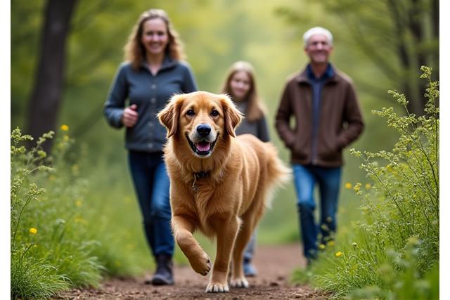 Familie med hund på tur i skogen, alle smiler