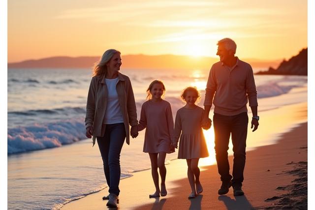Familie med to barn smiler og går på stranden i solnedgang