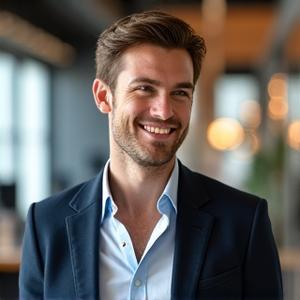 Ung entreprenør smiler i uformelle, men profesjonelle klær, urban bakgrunn