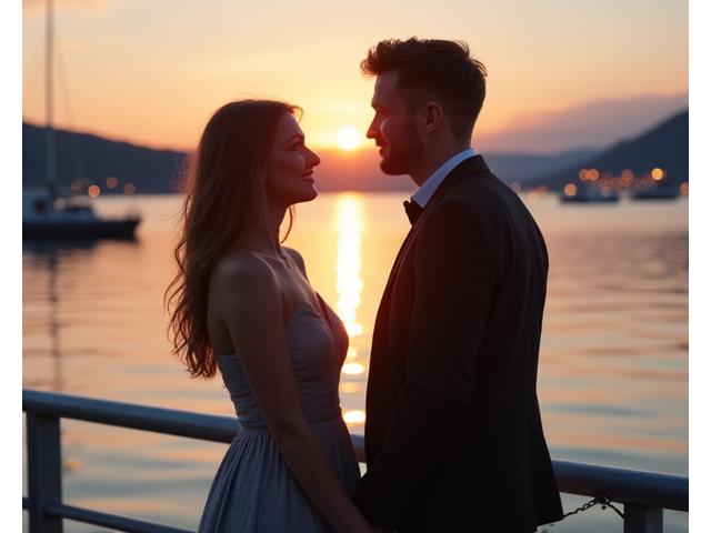 Par som holder hender ved sjøen, solnedgang, romantisk stemning