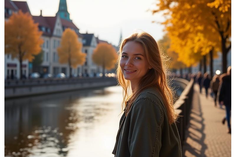Ung kvinne som går langs Akerselva i Oslo, fotografert i naturlig lys