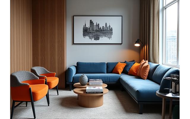 Komfortabelt klientområde med sofa og kaffestasjon i et moderne studio