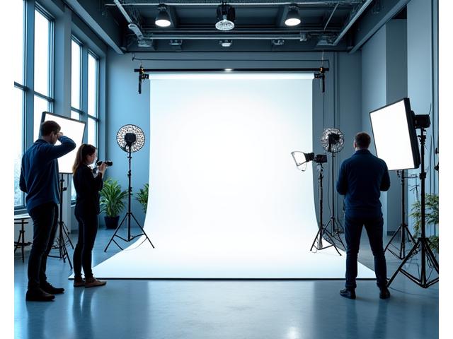 Moderne fotostudio med avansert utstyr og dyktige fotografer i aksjon