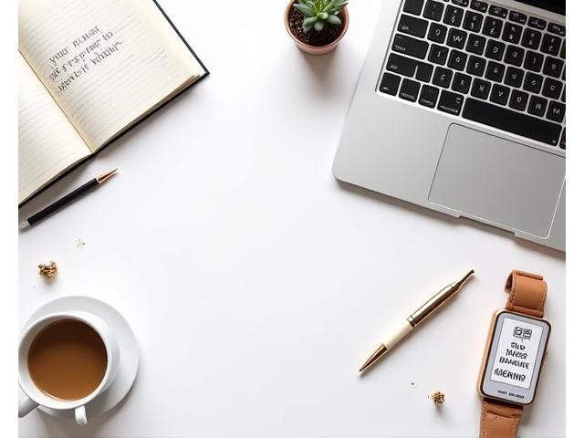 Kreativt oppsett for Instagram-profil, med bilder av en kaffekopp, bærbar PC og notatbok på et minimalistisk bord.