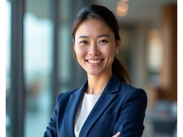 Profesjonell kvinne i forretningsklær smilende, passende for en LinkedIn forsidsprofil.