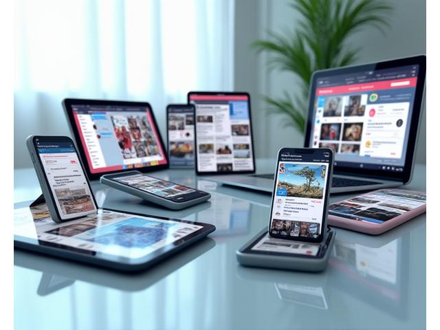 En rekke smarttelefoner og nettbrett som viser ulike sosiale medier-applikasjoner og innhold.